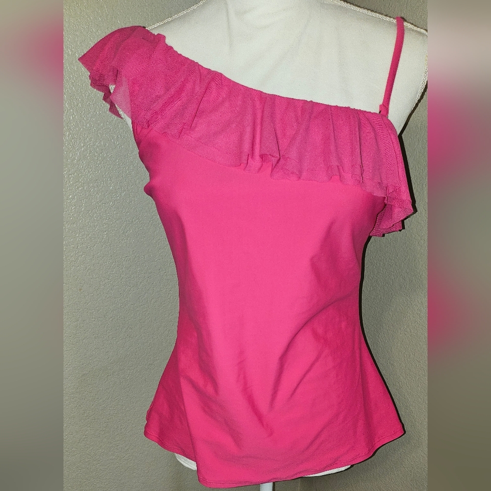 Be Creative Pink Ruffled One-Shoulder Swim Top Size 14